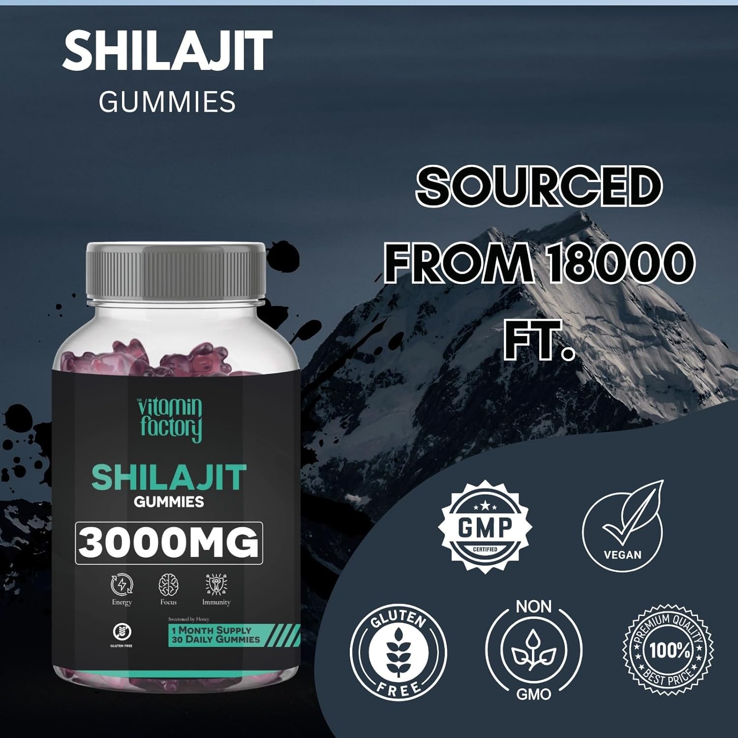 The Vitamin Factory Shilajit Gummies - 30 Gummies, 3000mg per Serving, Natural Himalayan Shilajeet, Boosts Energy & Immunity, 100% Vegetarian, No Added Sugar, Gluten-Free