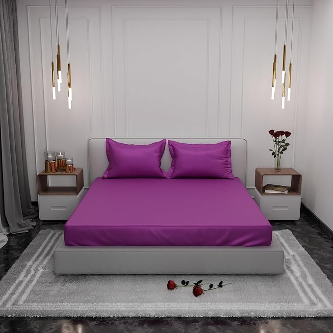 Stoa Paris Satin Elastic Fitted Bedsheets 300TC Premium Fitted Sheet 2 Pillow Covers Colour Plum