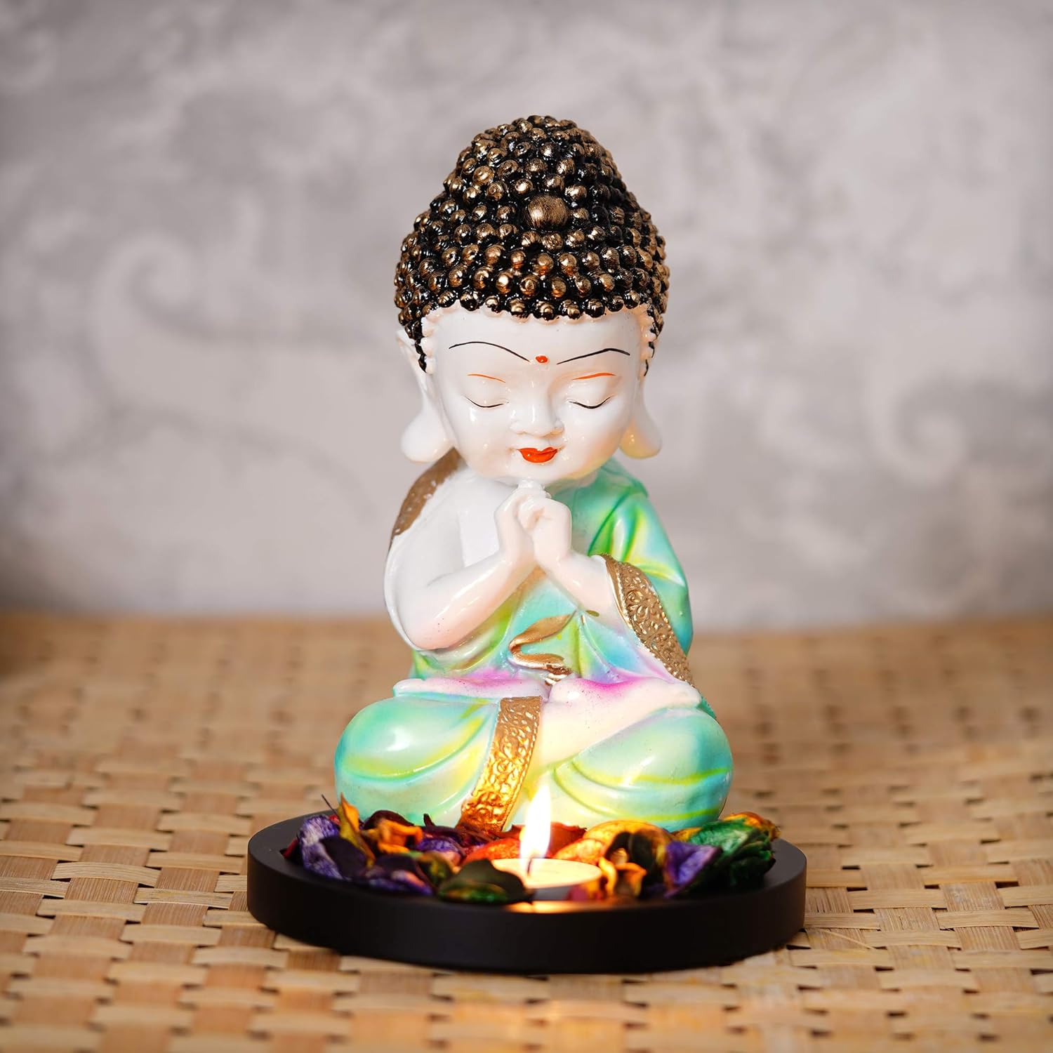 Ecraftindia Green and White Polyresin Praying Little Monk Buddha Statue With Wooden Base | Fragranced Petals Tealight Candle Holder