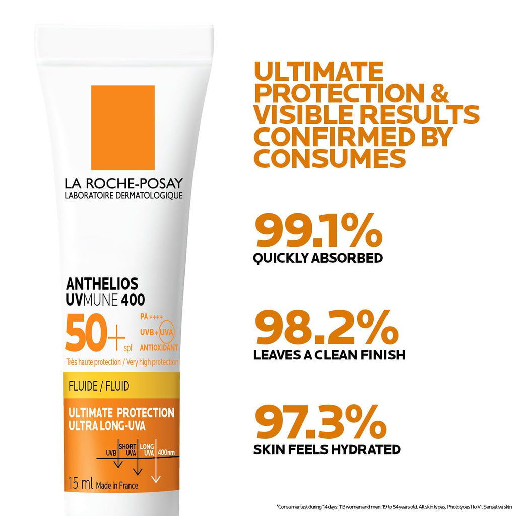 La Roche-Posay Anthelios Sunscreen UVMUNE400 Invisible Fluid SPF50 PA++++ Broad Spectrum UV Protection, Ultra-Lightweight, Non-Perfumed, for Sensitive Skin, 15 ml