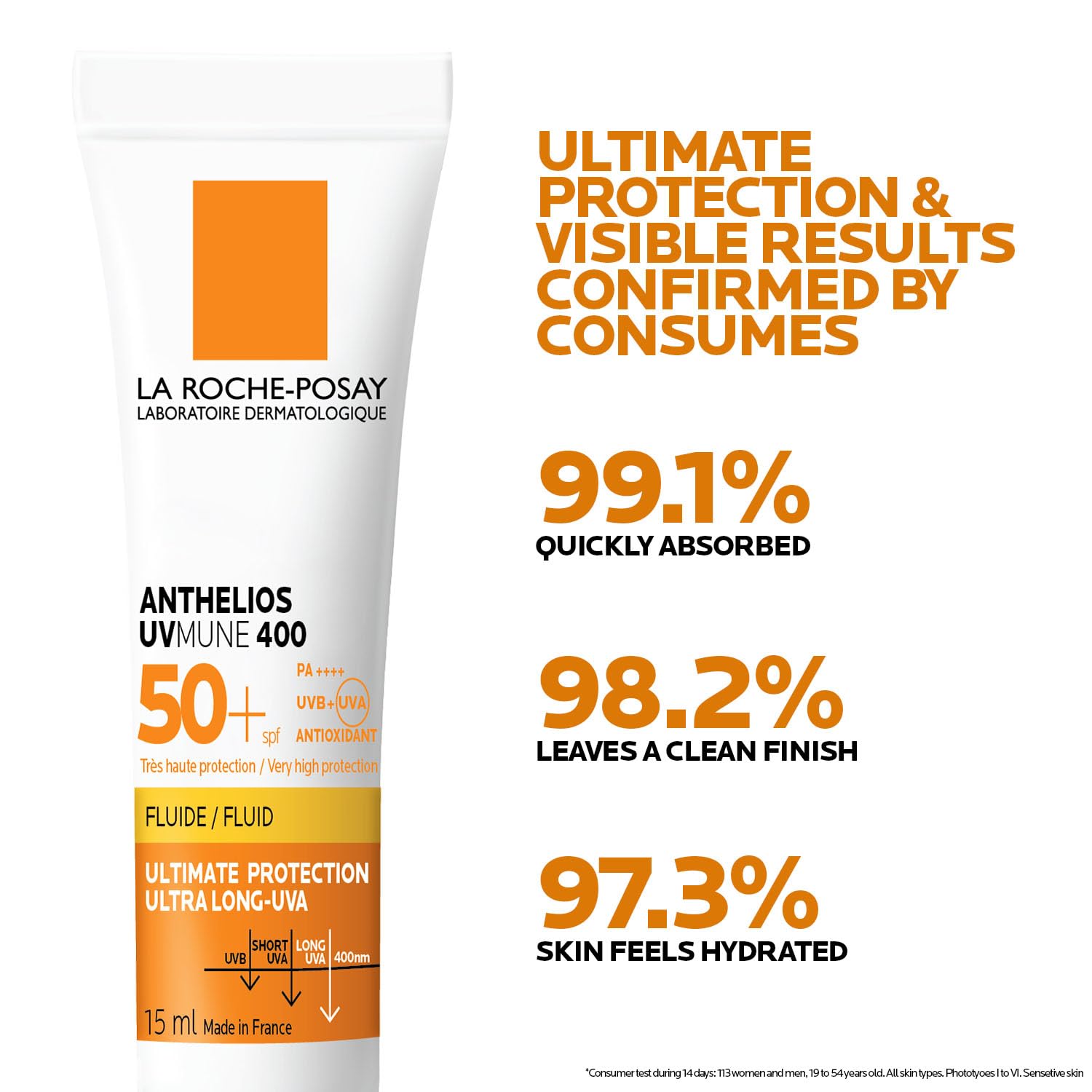 La Roche-Posay Anthelios Sunscreen UVMUNE400 Invisible Fluid SPF50 PA++++ Broad Spectrum UV Protection, Ultra-Lightweight, Non-Perfumed, for Sensitive Skin, 15 ml