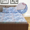 Divine Casa 144 TC Cotton Fitted Bedsheet for Double Bed Elegant Iris Print Dry Leaf Blue Elastic Fit with 2 Pillow Covers