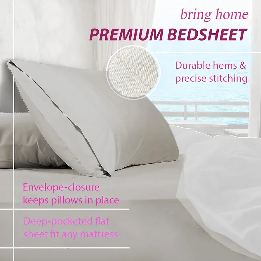 Trance Home Linen Premium 300 TC Pure 100% Cotton Queen Fitted Bedsheet with 2 Pillow Covers Colour Silver Grey