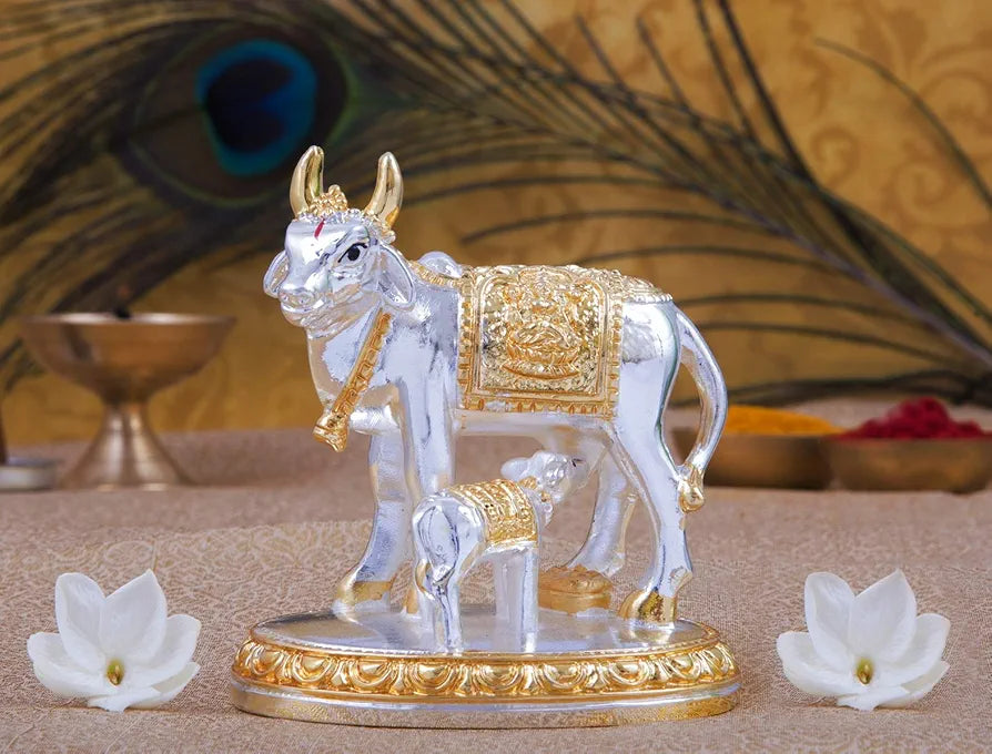 Gold Art India Kamdhenu Cow with Calf Idol Gold Silver Plated 3.3" Inch Silver