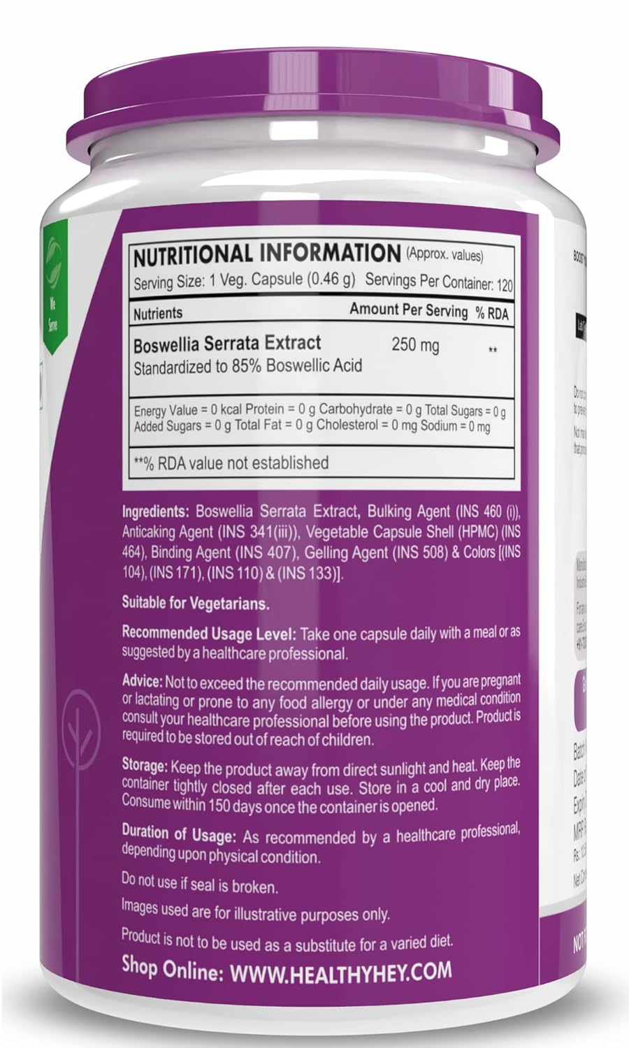 HealthyHey Nutrition Boswellia Serrata Extract - 120 Vegetable Capsules