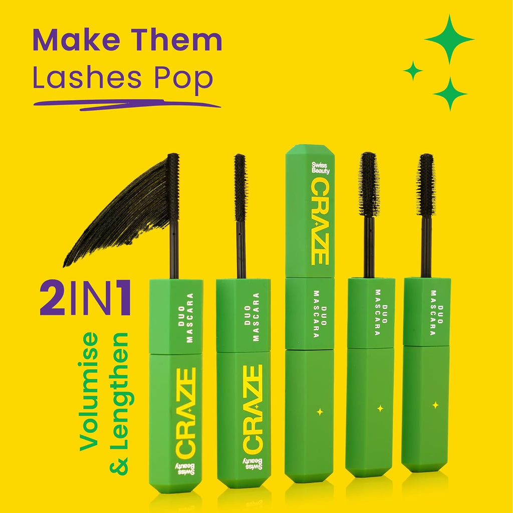 Swiss beauty Craze Duo Mascara | 2-in-1 Lengthening and Volumizing Mascara with non clumping and non flaking finish | Smudgeproof and waterproof | Black, 20ml
