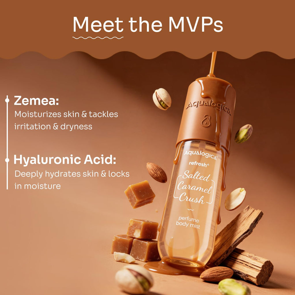 Aqualogica Refresh+ Perfume Body Mist - Salted Caramel Crush | Mouthwatering Gourmand Scent | Long Lasting Fragrance | Double Duty for Hair & Body | Non-Irritating & Hydrating | Infused with Zemea & Hyaluronic Acid | For Men & Women | 150 ml
