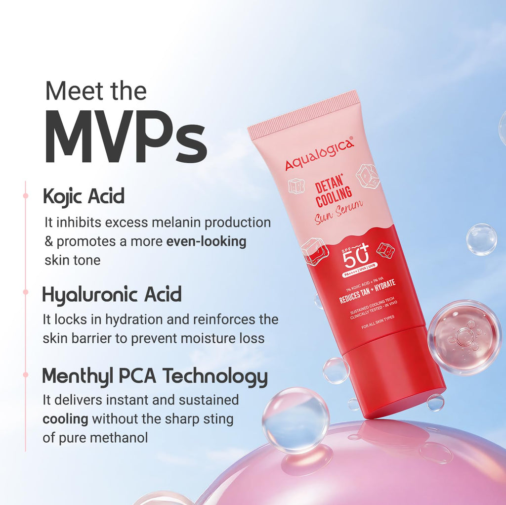 Aqualogica Detan+ Cooling Sun Serum 50g | SPF 50+ PA++++ | 1% Kojic Acid & 1% Hyaluronic Acid | Photostable UV Filters | Serum-Light Texture | Instant Cooling | Tan Protection | Triple Cooling Technology | In-Vivo Tested | Papaya Extract