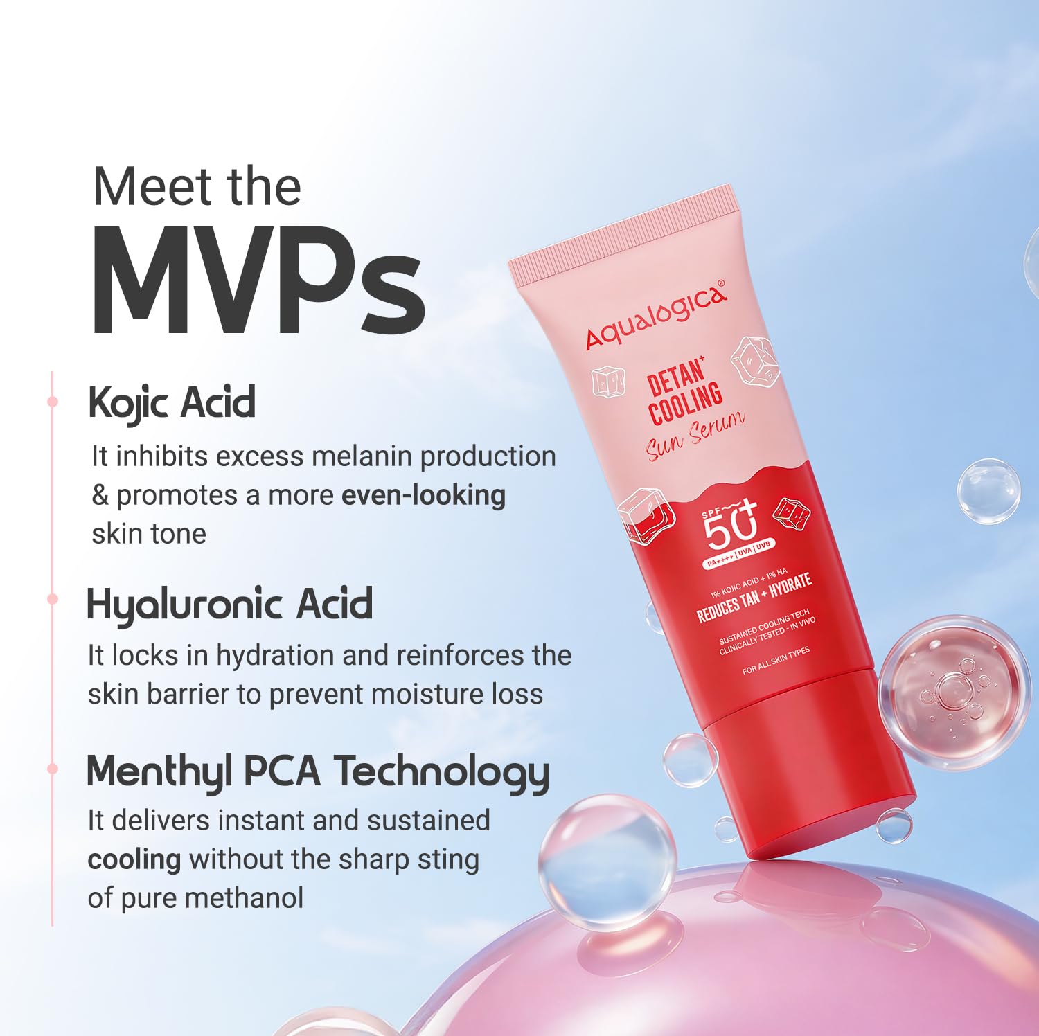 Aqualogica Detan+ Cooling Sun Serum 50g | SPF 50+ PA++++ | 1% Kojic Acid & 1% Hyaluronic Acid | Photostable UV Filters | Serum-Light Texture | Instant Cooling | Tan Protection | Triple Cooling Technology | In-Vivo Tested | Papaya Extract