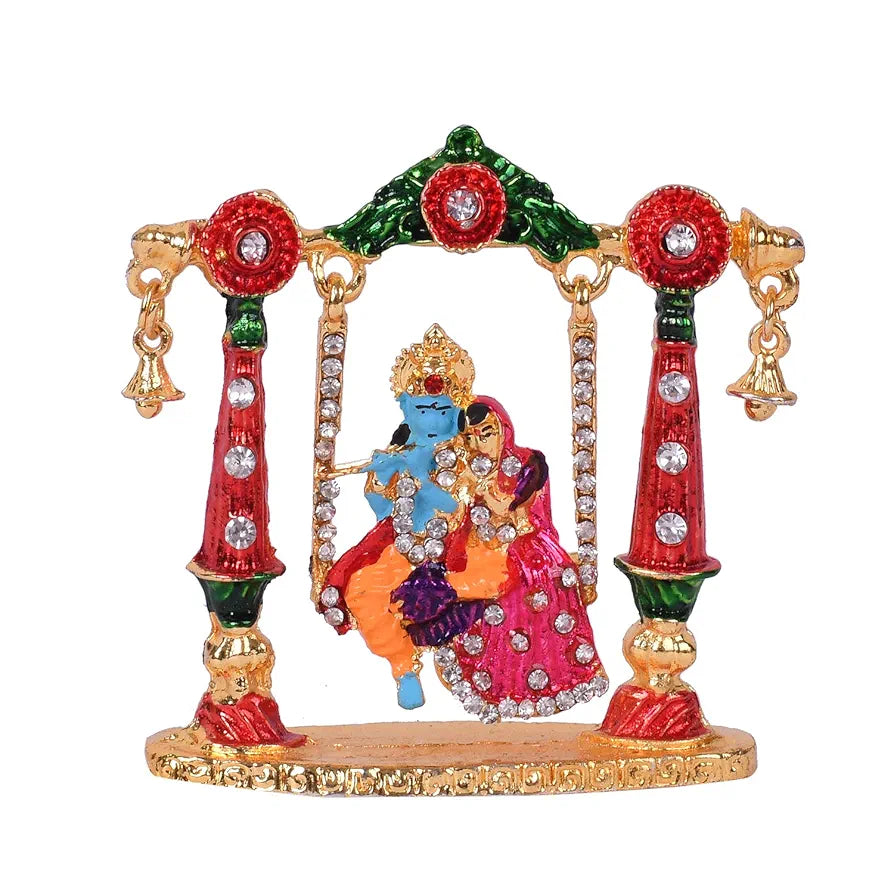 Collectible India Radha Krishna Idol on Jhula Metal Statue for Car Dashboard