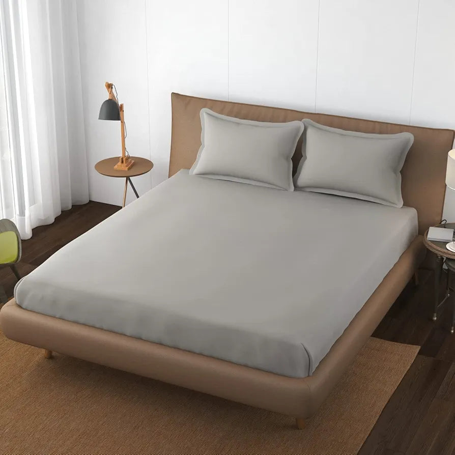 Trance Home Linen 400 TC 100% Cotton 78x72 inch King Elastic Fitted Bedsheet Premium with 2 Pillow Covers Colour Silver Grey