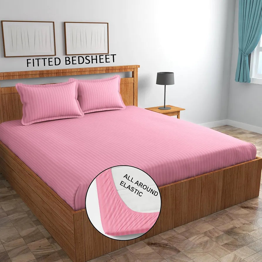 Homefab India 160 TC Stripe Cotton Feel Glace Cotton Elastic Fitted King Size Double Bed Bedsheet with 2 Pillow Covers Fits Upto 6 inches Mattress Baby Pink