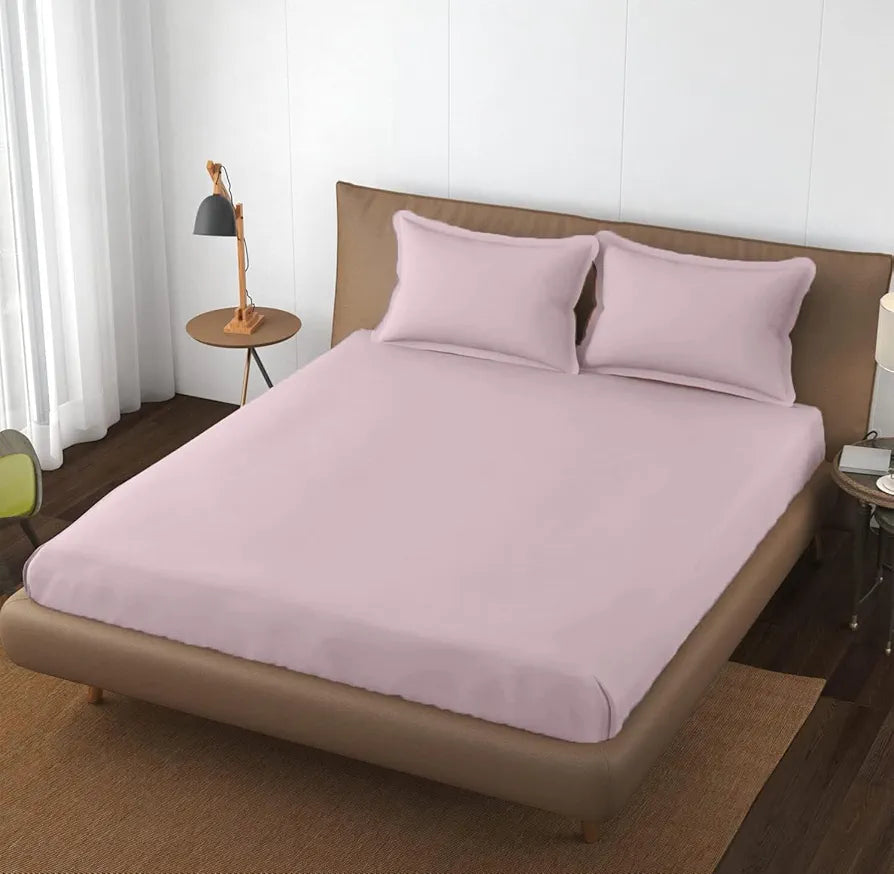 Trance Home Linen 100% Cotton 78 x 60 inch Queen Elastic Fitted Bedsheet 400TC Premium Queen Double Bed Size with 2 Pillow Covers Colour Cameo Rose