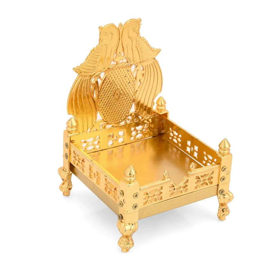 Collectible India Metal Gold Plated ladoo Gopal Singhasan Pooja Chowki mandir Peacock Design