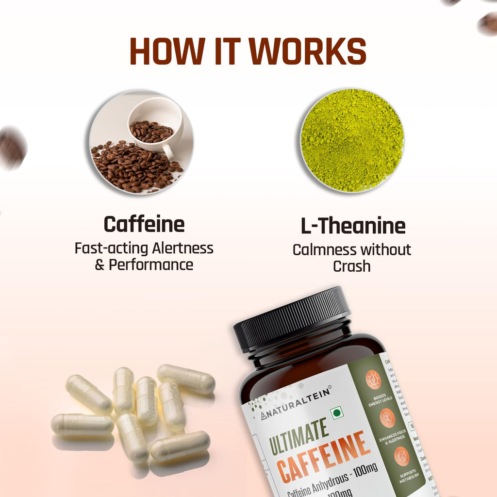 NATURALTEIN Ultimate Caffeine with L-Theanine | 100mg Caffeine + 100mg L-Theanine | Energy, Focus & Alertness Support | 2-in-1 Formula | 60 Veg Capsules