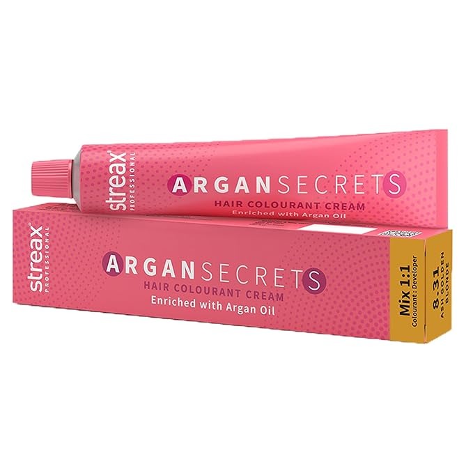 Streax Professional Argan Secrets Permanent Hair Colourant Cream - Ash Golden Blonde 8.31 - 60 gms