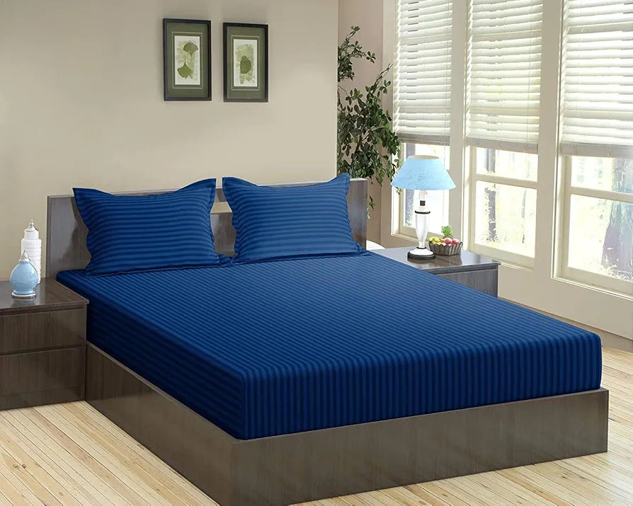 Trance Home Linen 100% Cotton 78x60 inch Queen Fitted 200TC Satin Stripe Elastic Fitted Bedsheet with 2 Pillow Covers Colour Dark Blue