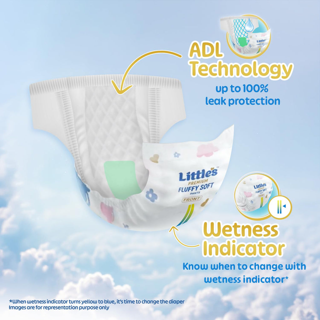 Little's Premium Baby Diapers XL Size (Extra Large) Pants Style | 12-17 kg | 54 Count | Super Jumbo FluffySoft Baby Diaper with Leakage Guard, Wetness Indicator & 12 Hours Absorption