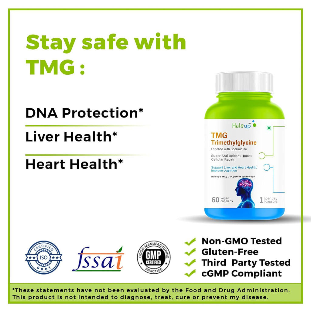 Haleup USA TMG 98% Pure Trimethylglycine (TMG) Supplement | Supports Energy, Heart & Liver Health, Metabolism & NMN Synergy |Pack of 1 X 60s (60 capsules)