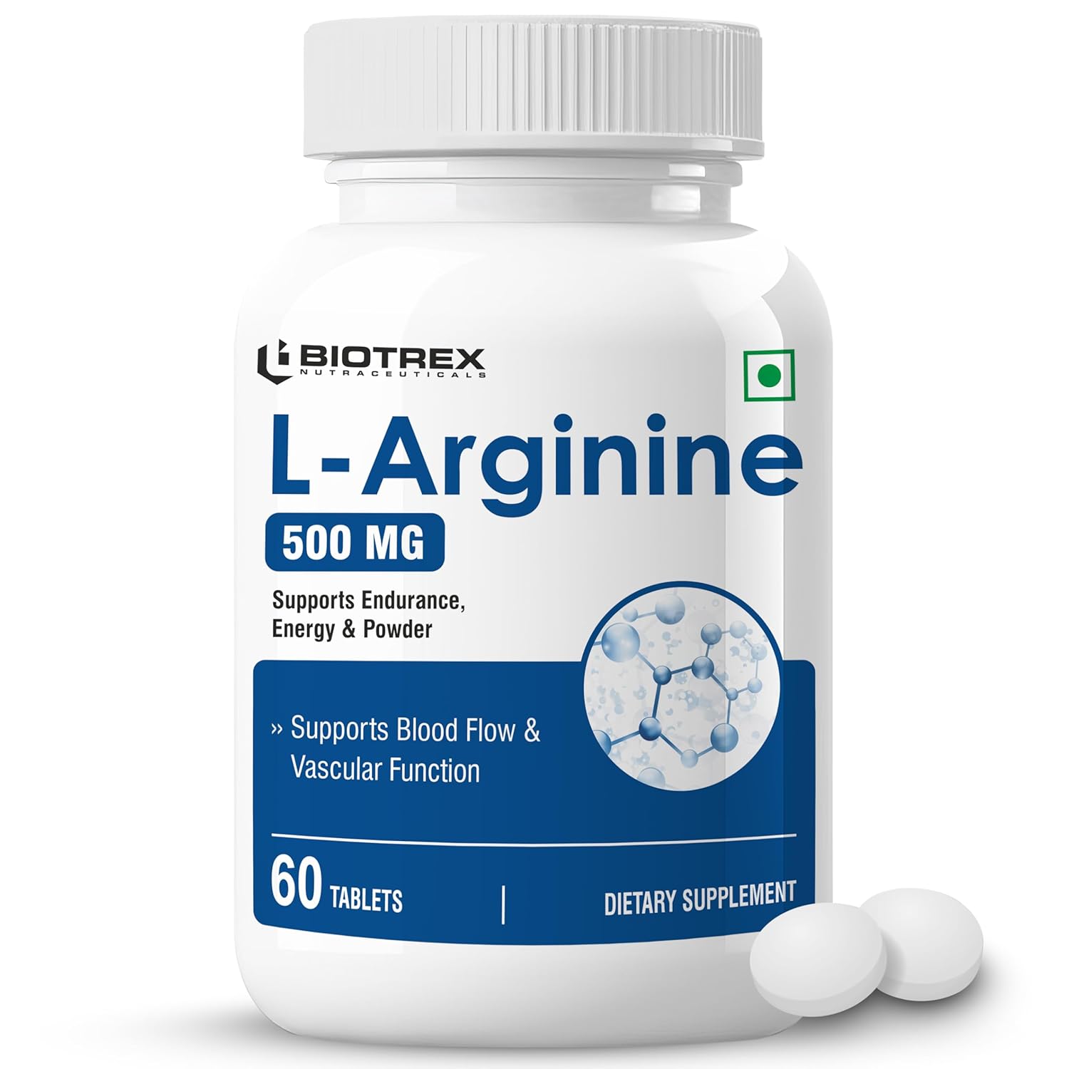 Biotrex Nutraceuticals L-Arginine 500mg Supplement | Nitric Oxide Booster & Muscle Growth | Blood Flow & Heart Health | Pre Workout | Non-GMO | 60 Tablets