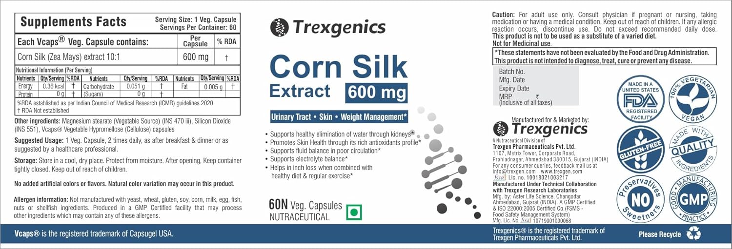 Trexgenics Corn Silk Extract 600 Mg 10:1 For Kidney Care, Skin, Weight Management Vegan & Gluten Free (60 Veg Capsules)