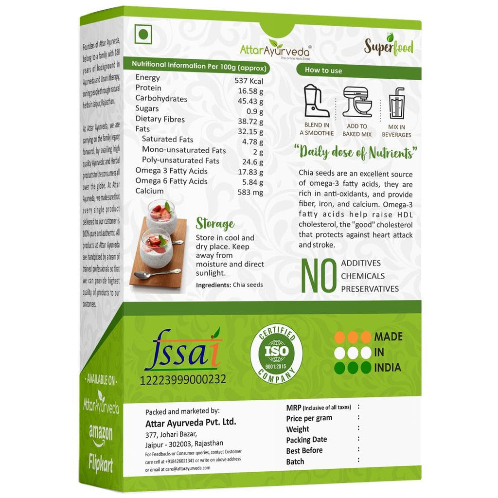 Attar Ayurveda Chia Seeds 250 gm - For Weight Management and Eating | Pure and Natural | Preservative-free | Non-GMO | Clean and Sorted | Rich in Calcium, Protein, Omega-3 & Fibre |
