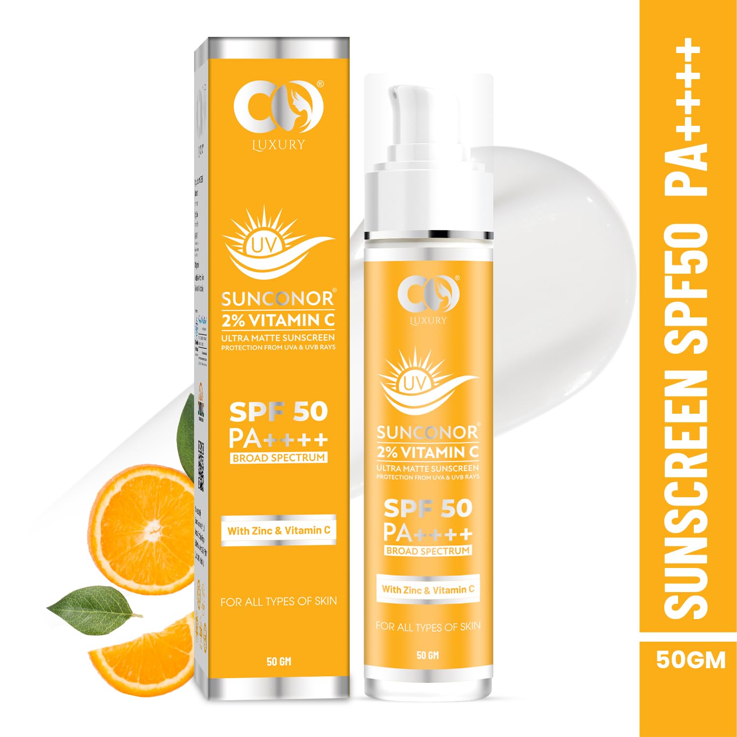 CO LUXURY 2% Vitamin C Sunscreen SPF 50 PA+++ | Water Resistant & Non-Greasy, Broad Spectrum Sunblock with Vitamin C, Zinc Oxide & Glycerine | Matte Finish, UVA/B Sun Protection for Women & Men | 50 gm