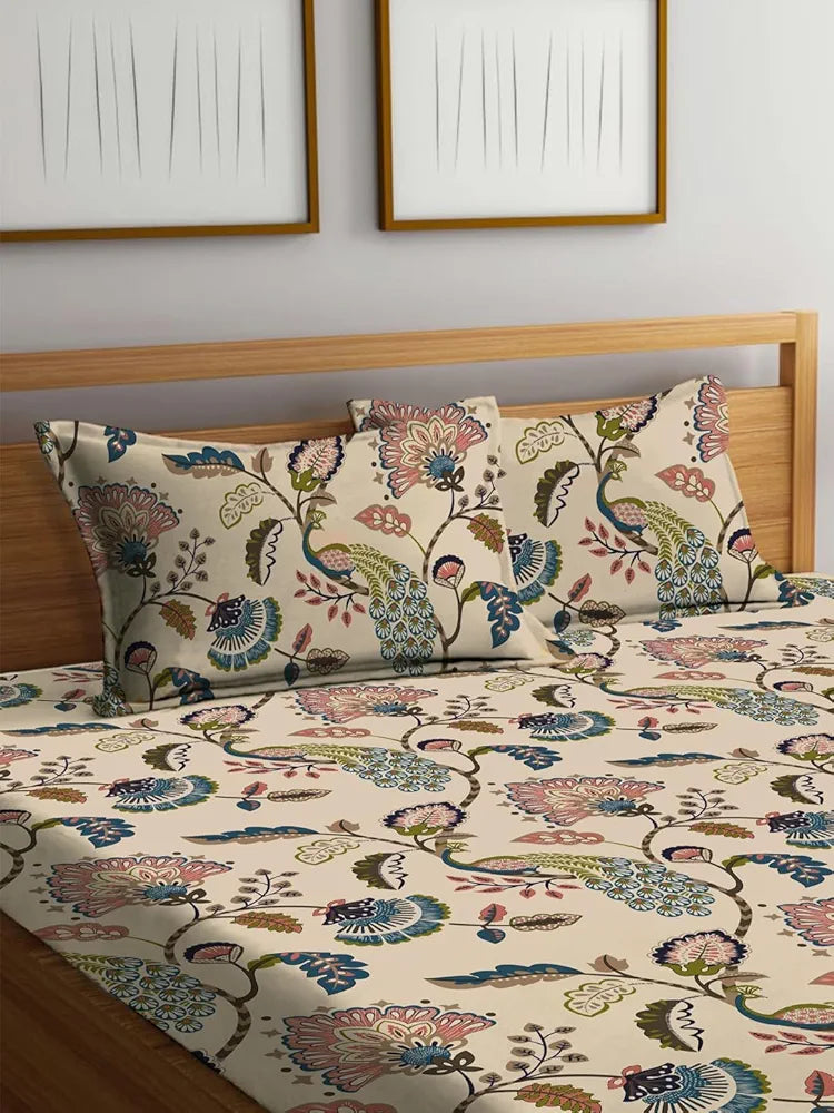 The Home Style Supersoft Cotton King Size Printed Flat Double Bedsheet with 2 Pillow Cover 400 TC Mocha Flora