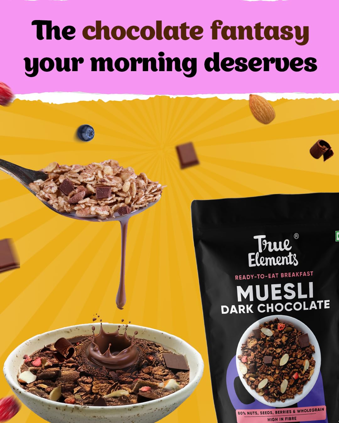 True Elements Dark Chocolate Muesli 1kg | Nuts & Berries Muesli | 13g Clean Protein | 13% Millet | Cereal for Breakfast | Gluten Free Breakfast