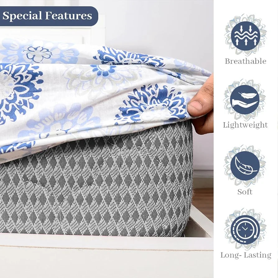 Divine Casa Blue and Grey Floral Pattern 144 TC 100% Cotton Elastic Fitted Printed Queen Size Double Bed Bedsheet with 2 Pillow Cover for Bedroom