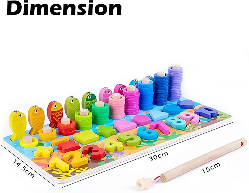 Wishkey Wooden 6 in 1 Multifunctional Learning Board Puzzle, Numbers, Shapes, Fishing Game, Stacking, Montessori Game Educational Toys