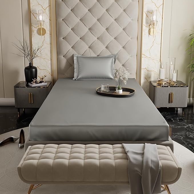 Stoa Paris Satin Elastic Fitted Bedsheets for Single Bed 300TC Premium 1 Pillow Cover Colour Harbour Mist Grey