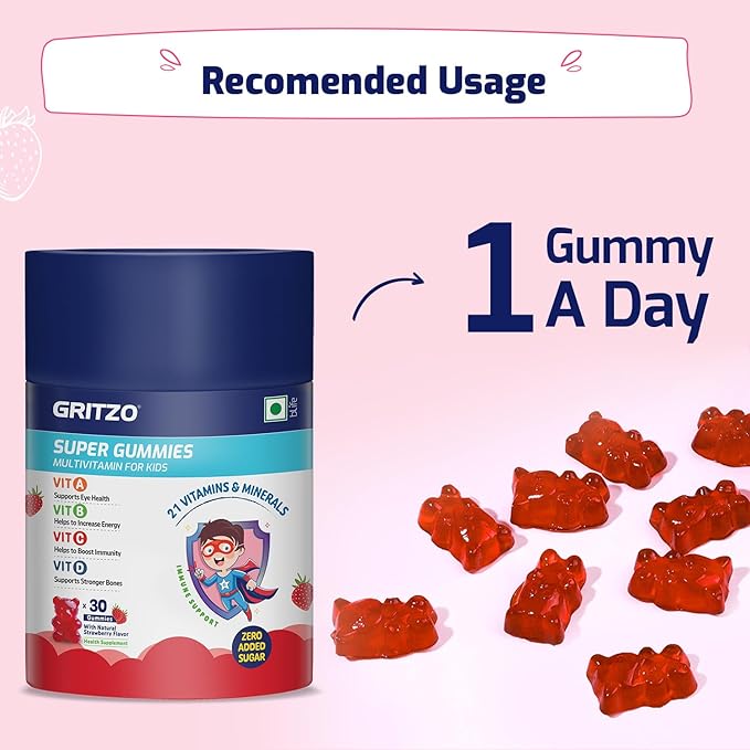 Gritzo Super Gummies Multivitamin for Kids Natural Strawberry Flavour - 30 gummies Each (Pack of 2)