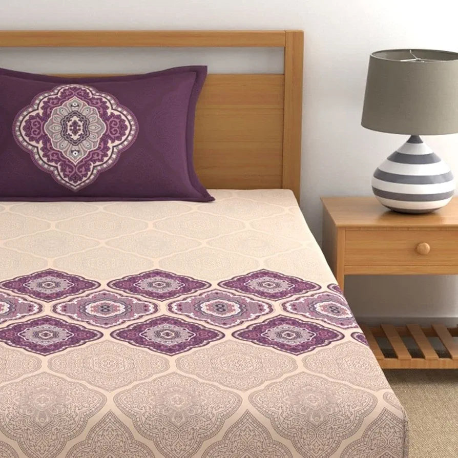 Dreamscape Cotton Single Fitted Bedsheet with 1 Pillow Cover, 140 TC Cotton Ethnic Purple Bedsheet for Single Bed Purple Ethnic1
