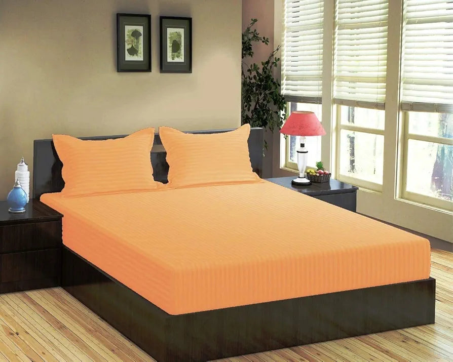 Trance Home Linen 100% Cotton 78x72 inch King Fitted 200TC Satin Stripe Elastic Fitted Bedsheet with 2 Pillow Covers Colour Peach