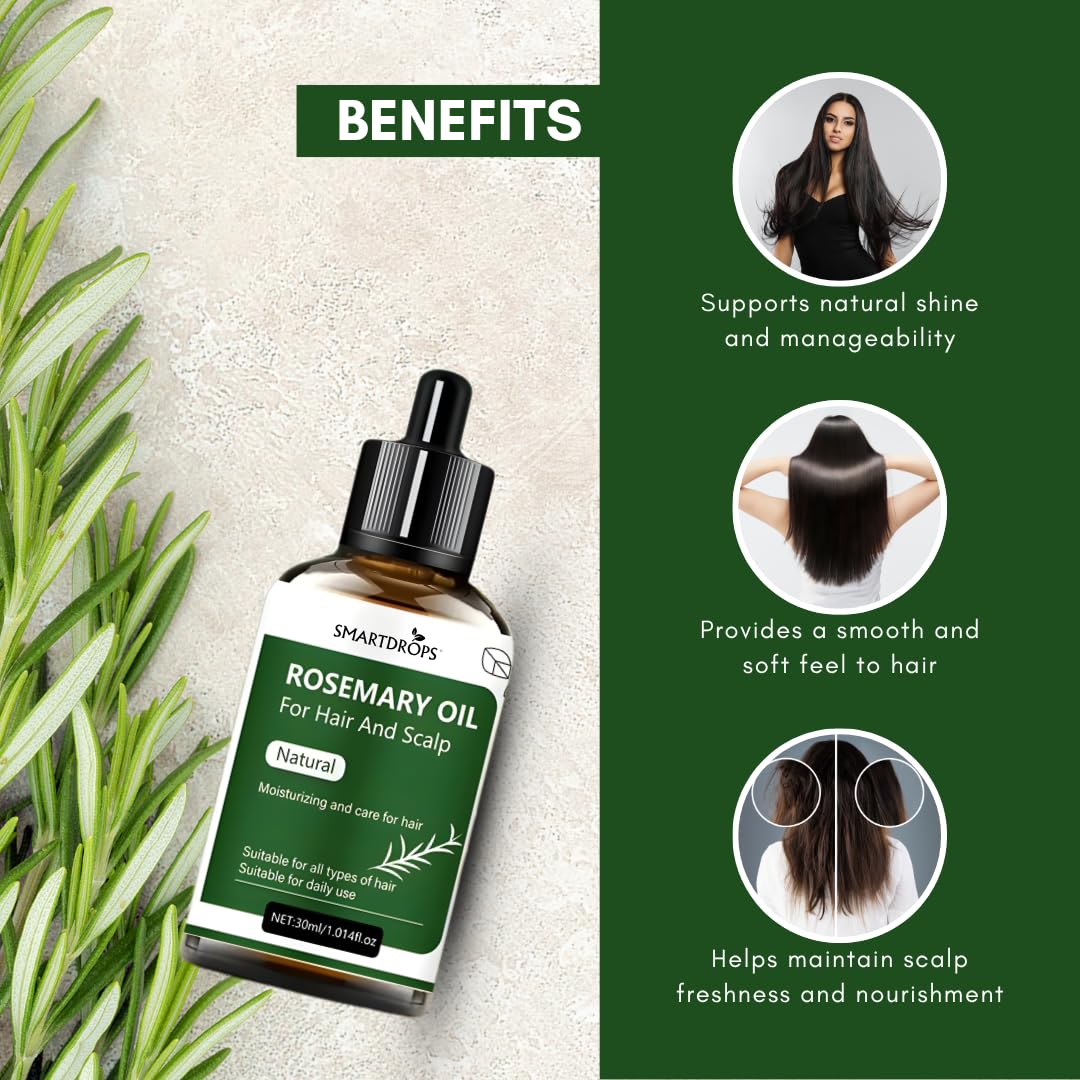 Smartdrops Rosemary Oil for Hair | Rosemary Oil for Hair Growth | rosemary Essential oil for hair Fall | Hair Strengthening Treatment for Healthy Nourished Hair- (30 ml)