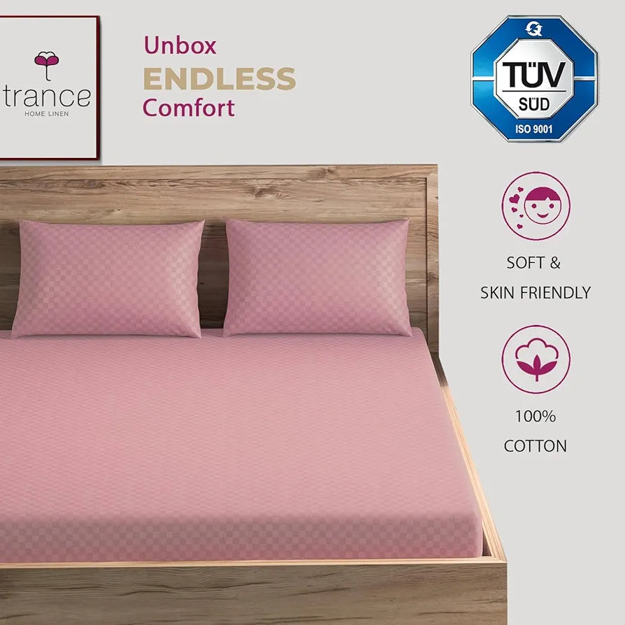 Trance Home Linen Premium Jacquard Weave 300TC Fitted Bedsheet for Queen Size Bed with 2 Pillow Solid Cover 100% Cotton Skin Friendly Colour Dusty Rose