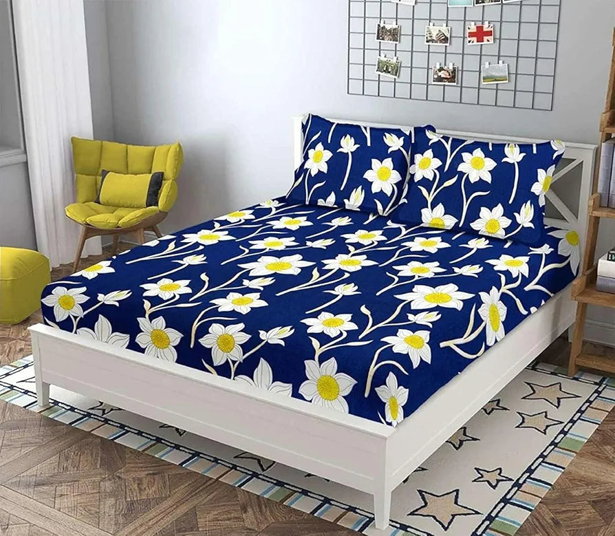 Starnstyle Polycotton 220 TC Floral Printed King Size Double Bedsheet with 2 Pillow Covers Yellow Blue
