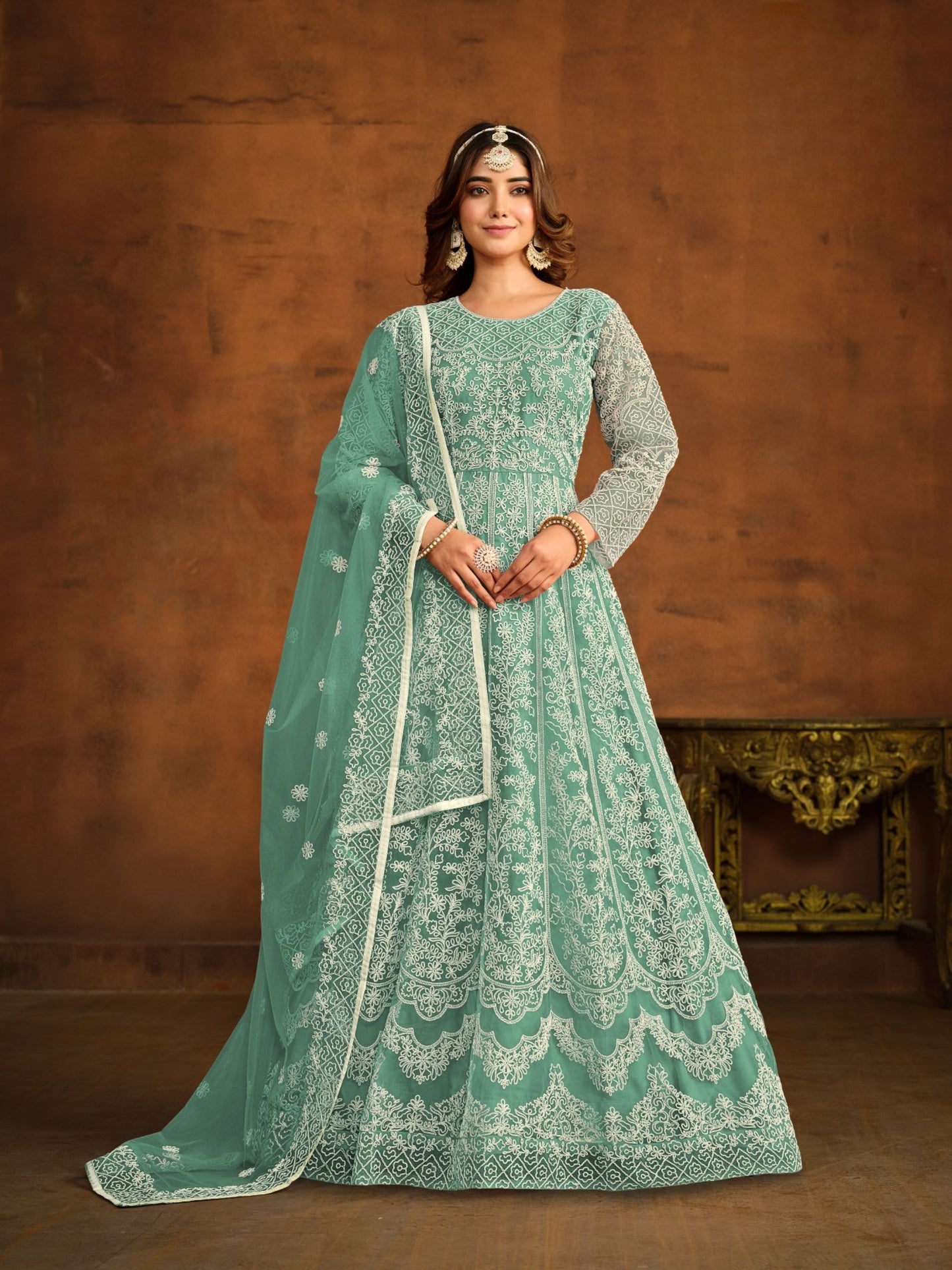 Anaita Sky Blue Embroidered Net Anarkali Suit