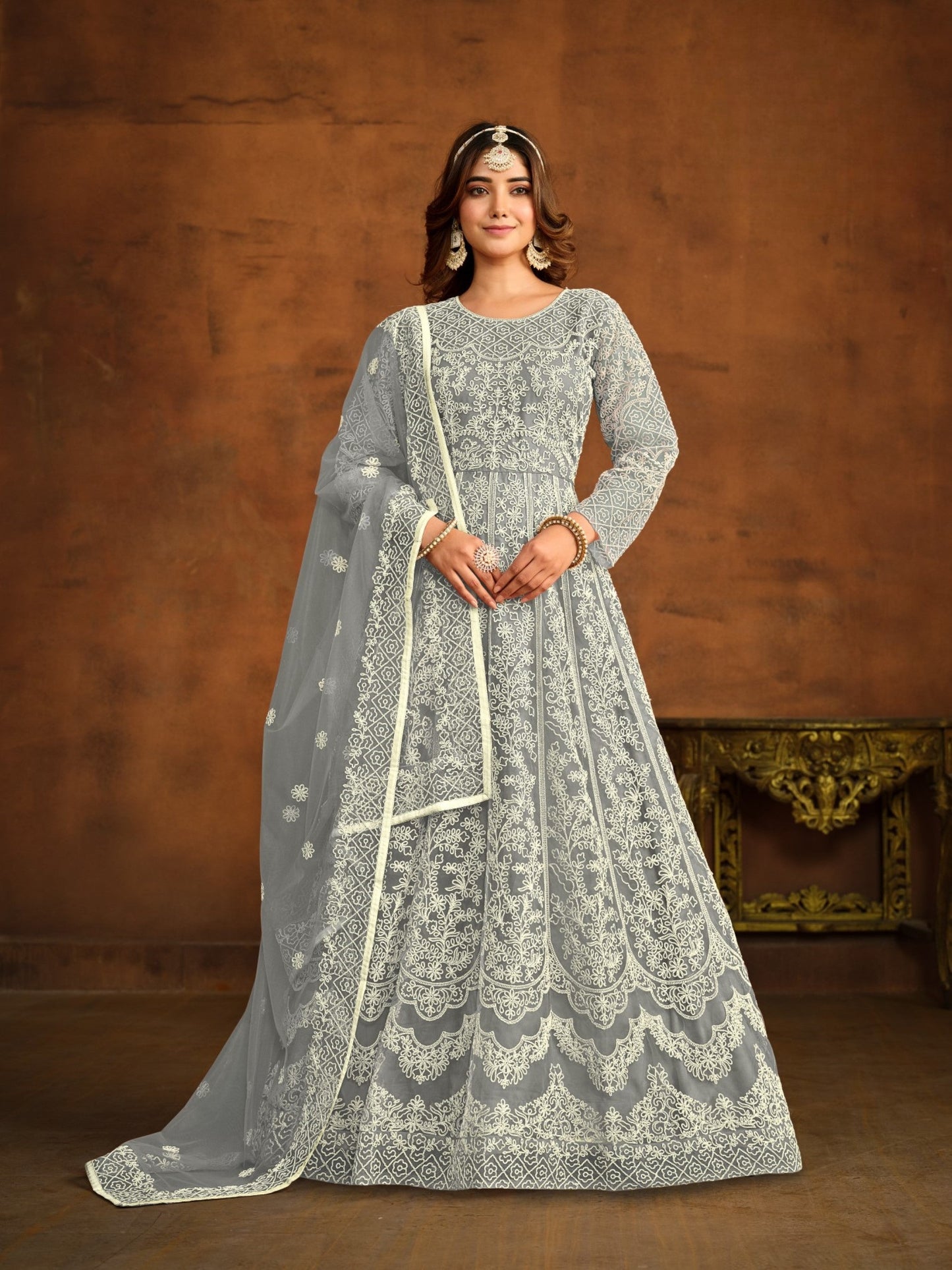 Anaita Grey Embroidered Net Anarkali Suit