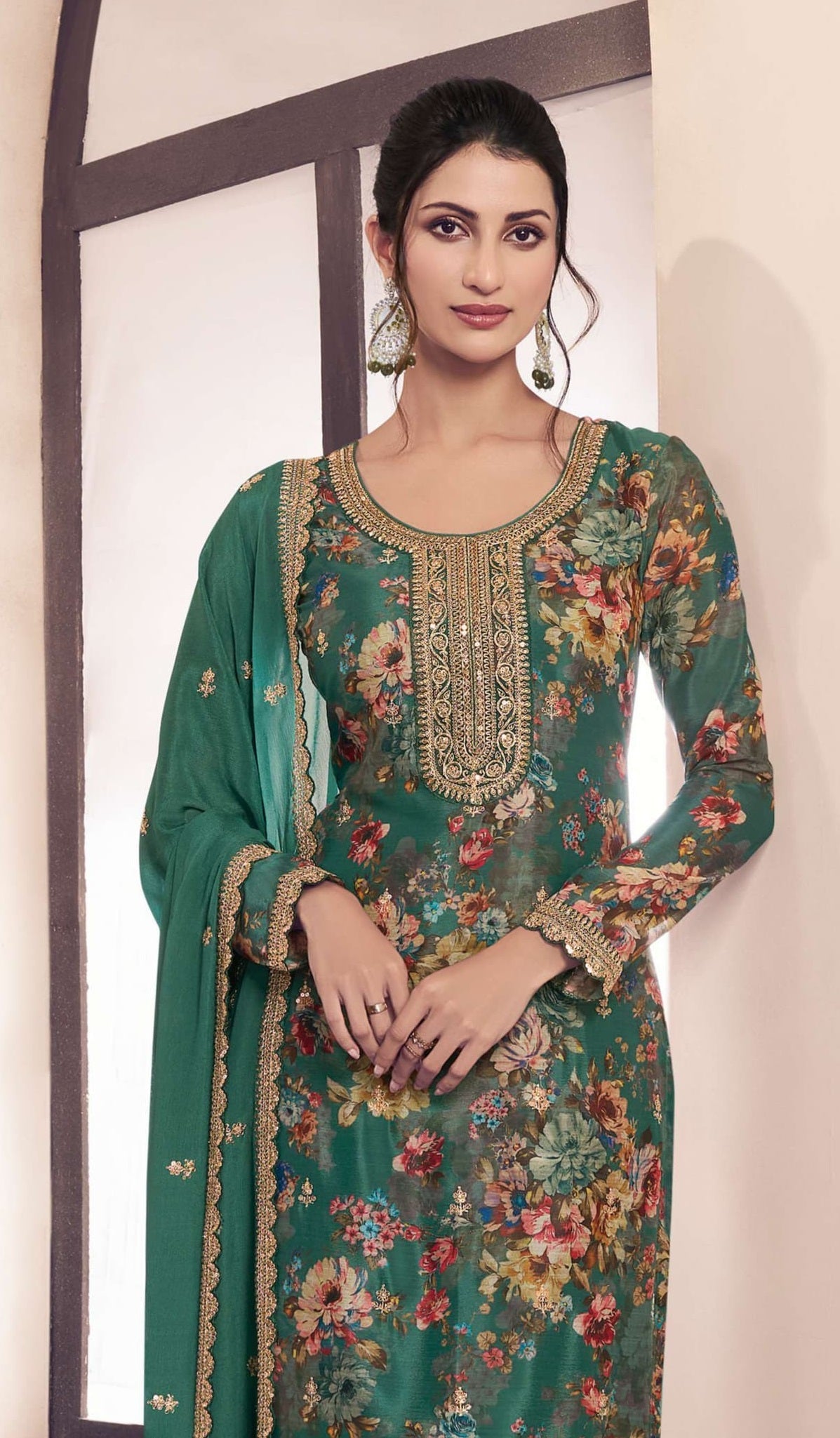 Anaita Green Chinon Digital Print Sequence Embroidered Salwar Suit