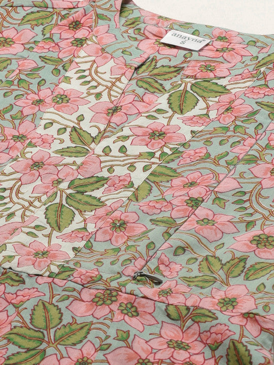 Anayna Women Blue & Pink Floral Printed Pure Cotton Feeding Maternity A-Line Kurta