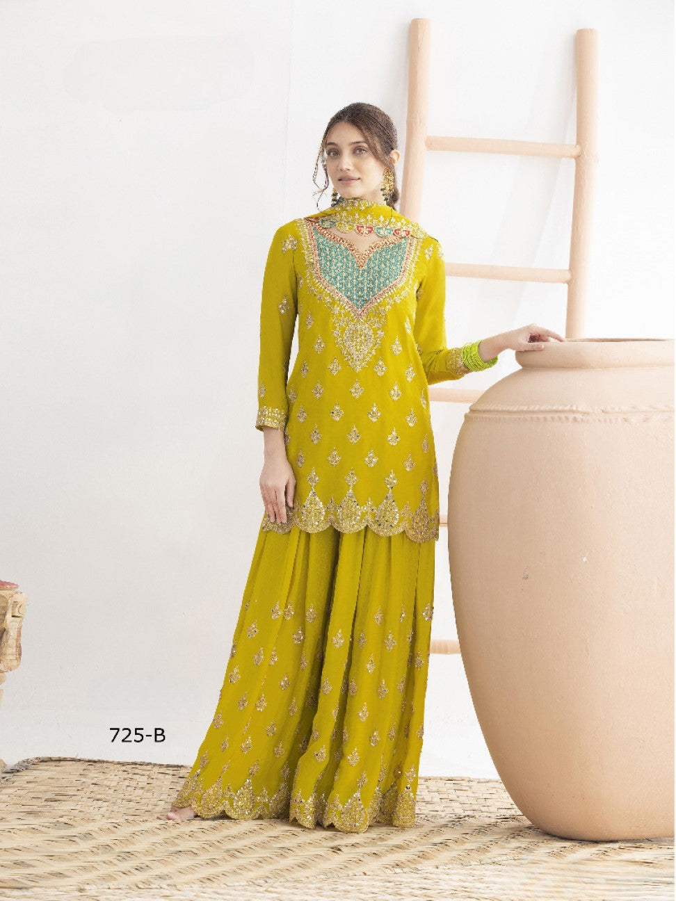 Anaita Yellow Chinon Suit With Embroidered Sequins & Mirror Work
