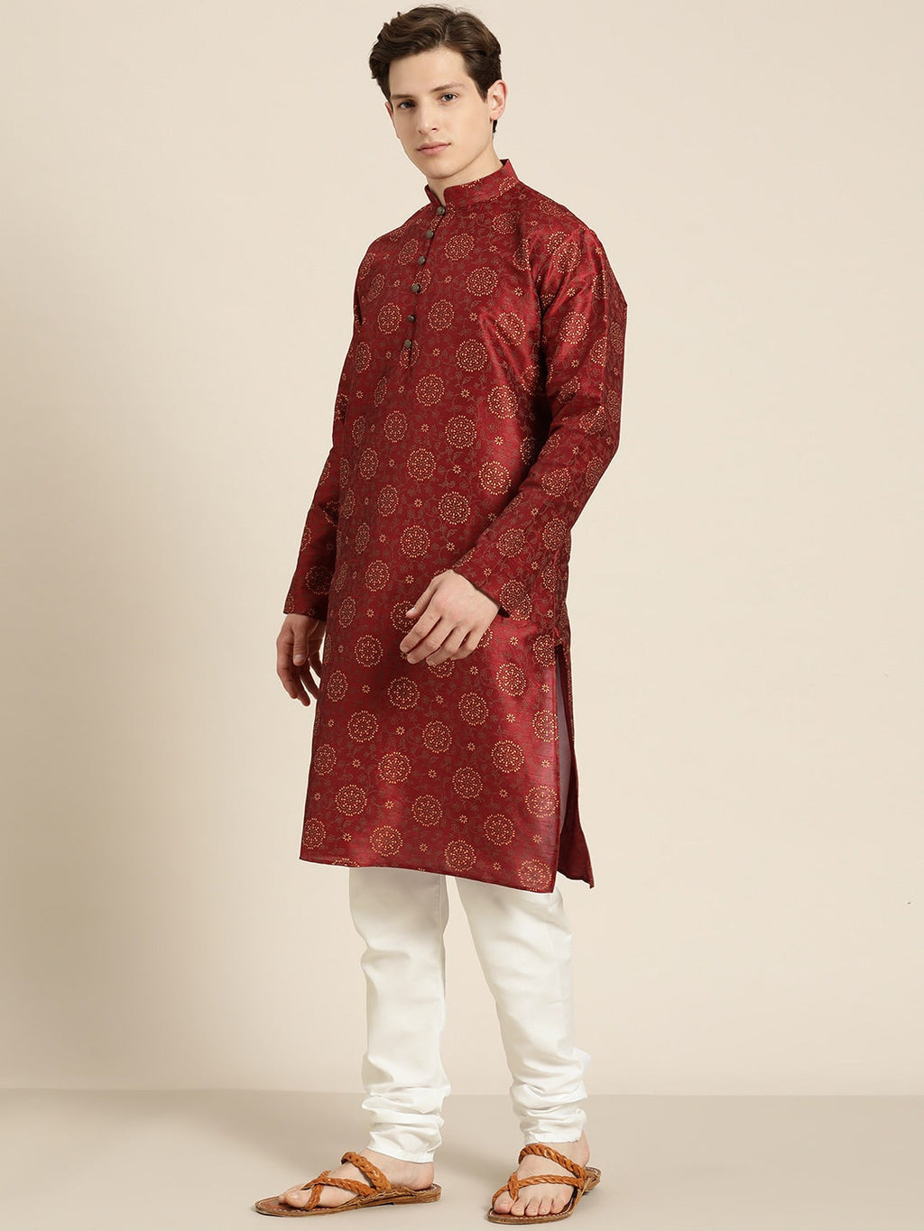 Sojanya Men Maroon & Gold Floral Straight Kurta Churidar & Sequined Nehru Jacket
