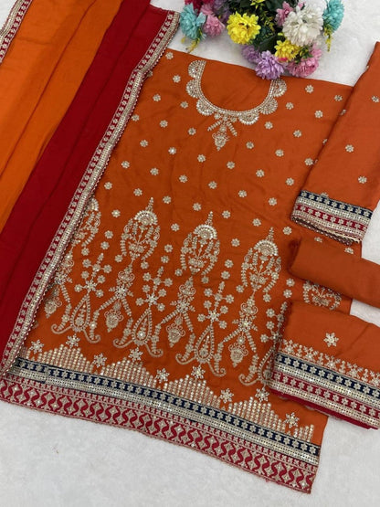 Anaita Orange Chinon Suit With Embroidered Sequins & Mirror Work
