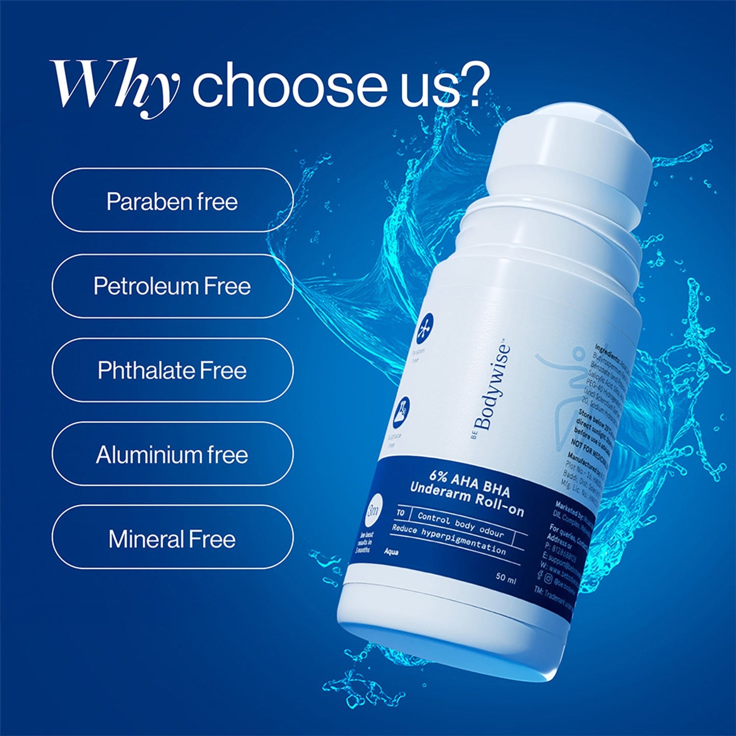 BeBodywise 6% AHA BHA Underarm Roll On - Advanced Formulation For Pigmentation & Odour Control-Aqua