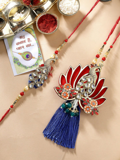 NVR Women & Men Set of 2 Gold-Toned Peacock Design Stone-Studded Bhaiya Bhabhi Rakhi With Roli Chawal & Chocolate
