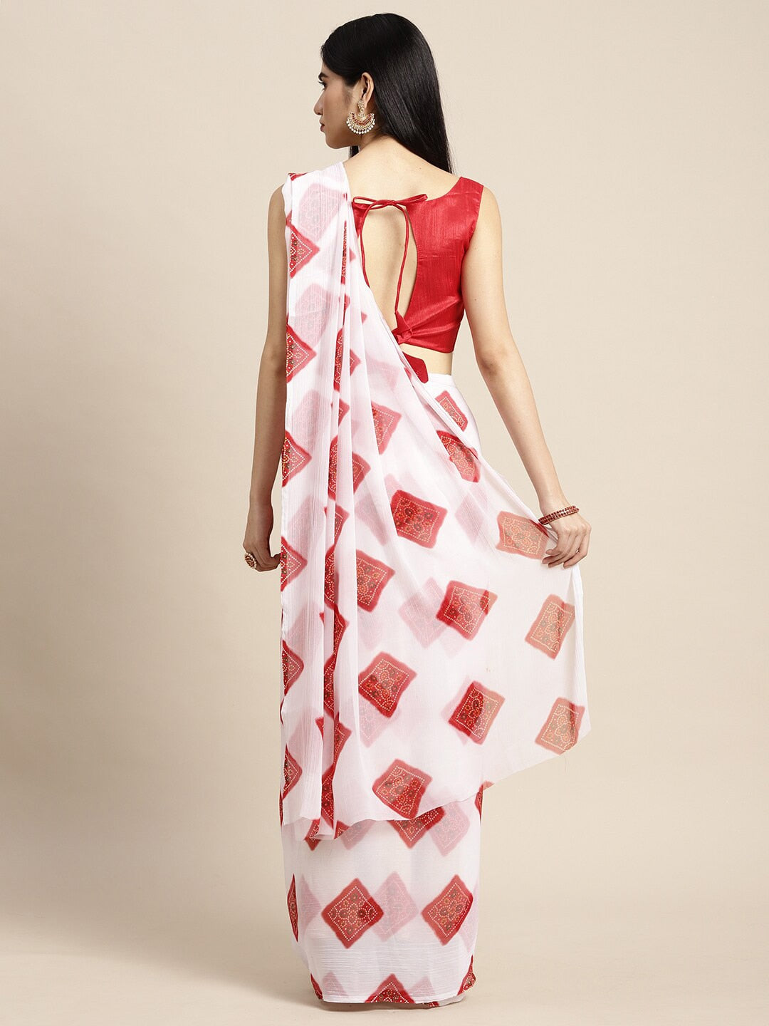 Saree Mall Women White & Red Printed Poly Chiffon Bandhani Saree With Matching Blouse