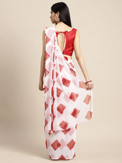 Saree Mall Women White & Red Printed Poly Chiffon Bandhani Saree With Matching Blouse