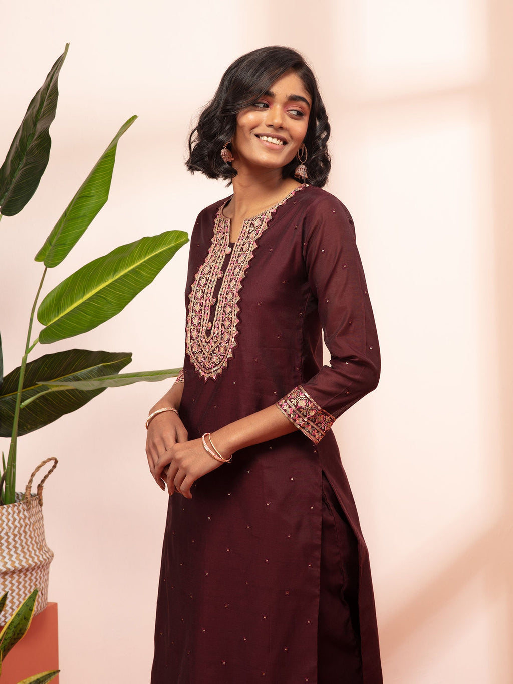 Likha Shaan-e-Avadh Maroon Sequins work Kurta, Pant & Dupatta LIKSKD123 (Set of 3) - M